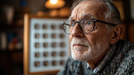  Elderly man wearing glasses sits in cozy room with soft lighting, gazing attentively. The background shows framed collections, suggesting nostalgia, hobbies, or fond memories.