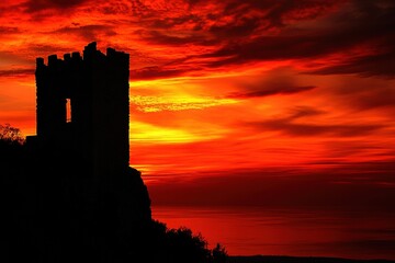 Obraz premium A castle is silhouetted against a red and orange sky