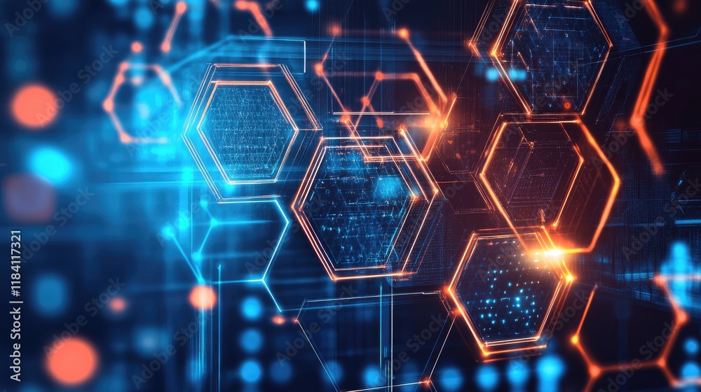 Poster abstract hexagonal grids with luminous highlights, representing precision and technology.