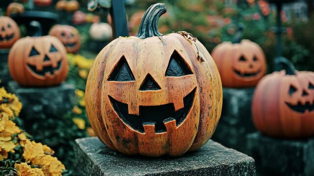 Vibrant pumpkins with carved faces displayed in a festive autumn setting