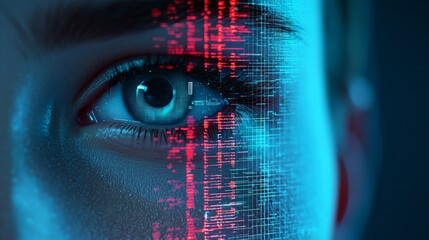 Close-up of a human eye overlaid with digital code, creating a visual of a face morphing or being digitally analyzed, with red and blue elements.