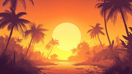 Obraz premium Tropical Sunset Scene With Palm Trees And Calm Water