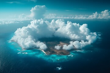 Naklejka premium Tropical Island Oasis with Surreal Cloudscape - Nature and Travel Inspiration