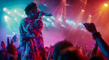 Energetic Rap Performance on a Vibrant Stage with Enthusiastic Crowd