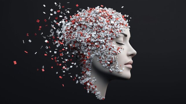 Surreal image of a human head disintegrating into data particles, representing the vulnerability of information in the digital age and cybersecurity threats.