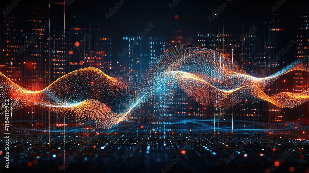 Poster abstract wave-like glowing patterns in dynamic neon colors, symbolizing data and technology.