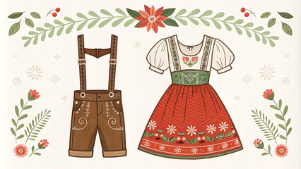 Tyrolean folk festival style with traditional german outfits and floral motifs for elegant design.