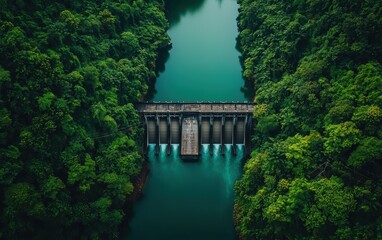 A birds-eye view of a hydroelectric dam surrounded by lush greenery and a river
