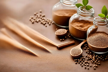 Aromatic spices in glass jars, cinnamon stick, and seeds on brown background; culinary, food photography for recipe books or websites