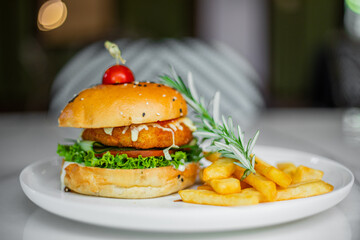 Burger and fries on a plate