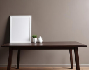 A dark wooden table setup with neutral wall tones.