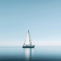 Fototapeta premium Sailboat on calm blue sea with clear sky and serene horizon