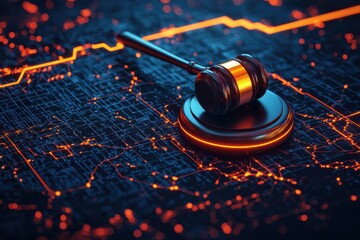 A close-up of a gavel resting on digital financial data, symbolizing legal decisions in the business world.
