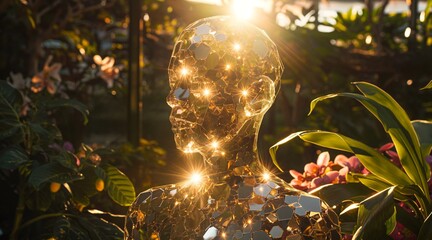 Golden Reflective Mannequin in Lush Garden with Sunlight Flare