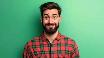 Obraz premium Happy man with beard wearing plaid shirt against green background, expressing joy and confidence. His cheerful demeanor adds vibrant touch to image