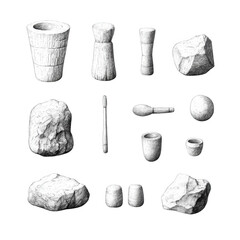 Collection of hand-drawn rocks and tools with a rustic aesthetic., isolated on a transparent background.
