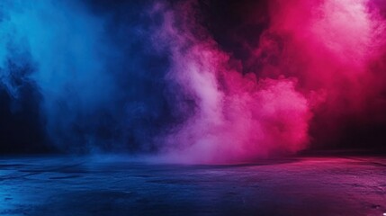 Mysterious dark stage with vibrant smoke effects and illuminated floor ready for product showcase