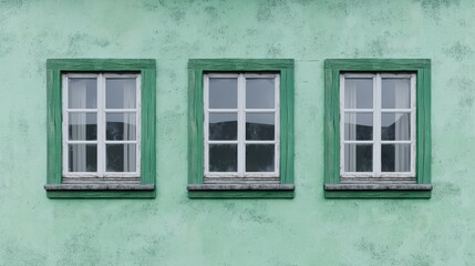 Three Vintage Windows on a Green Wall