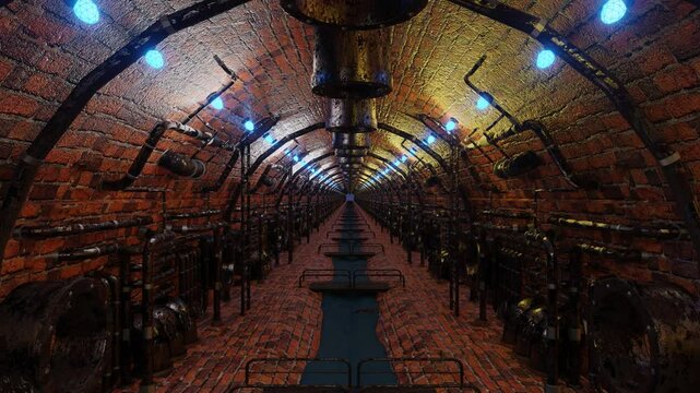 endless forward movement through a tunnel with rusty pipes. steampunk sewer. looped animated background. 3d render