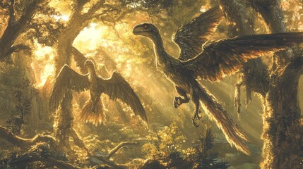 Obraz premium Majestic Feathered Dinosaurs in Enchanting Prehistoric Forest - Textured Warm Tones