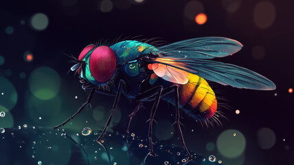 Fototapeta premium Vivid generative AI illustration of a brightly colored fly perched on a surface with water droplets on a dark background