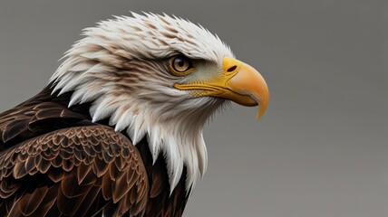 Obraz premium Majestic bald eagle profile portrait against a neutral background.