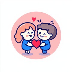 Cute illustration of a couple holding a heart with smiles, perfect for expressing love, affection, and romantic gestures in various design projects and media.
