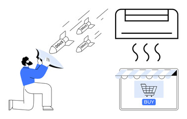 Man blowing into a bugle to ward off incoming DDoS attacks targeting an e-commerce store represented by shopping cart and buy button. Ideal for cyber security, e-commerce protection, digital defense