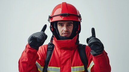 Firefighter in Red Uniform Gesturing with Both Hands