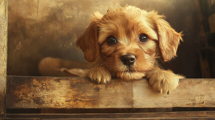 Worried puppy gazing out of crate with soft fur textures, expressing curiosity and innocence. This adorable pet captures hearts with its big, soulful eyes