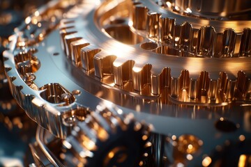 Close-Up of Shiny Interlocking Metal Gears with Intricate Details and Reflections in Industrial Setting