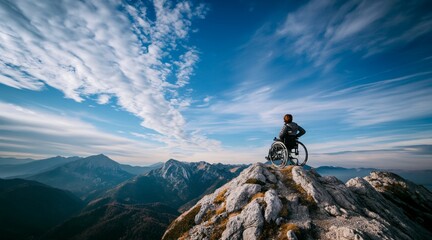 Obraz premium Person in Wheelchair Reaches Mountain Summit Symbolizing Breaking Barriers and Triumph