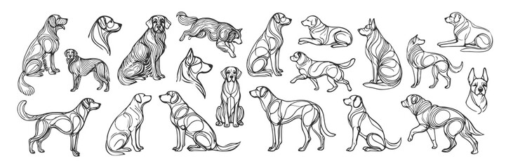 Dog outline style set vector illustration. Pet animal collection