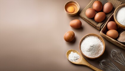 baking utensils brown eggs flour on plain background