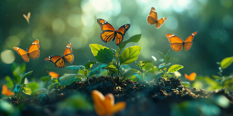 Fototapeta premium Graceful butterflies dancing amidst fresh green plants enchanted forest nature photography serene environment close-up view beauty of life