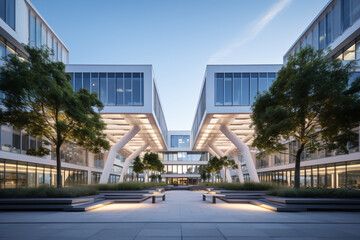 Modern architectural design of an office complex with sleek lines, large windows, green landscaping, and open public spaces during twilight hours
