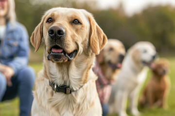 golden retriever dog in focus, surrounded by other dogs and people in training class outdoors. scene conveys sense of community and learning