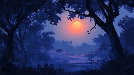 Fototapeta premium Serene Forest Sunset Landscape With Large Orange Sun