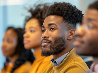 Focused Young Man Participating in Group Discussion During Meeting in Modern Office Environment with Diverse Colleagues Engaged in Conversation