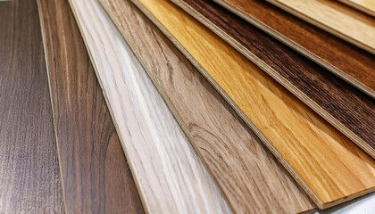 Samples of laminate of different colors, background with copy space. Assortment of flooring, banner for laminate flooring store