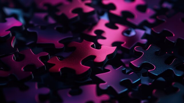 Close-up of scattered dark pink and purple puzzle pieces.