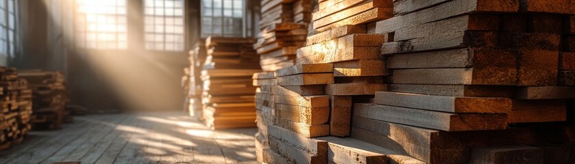 Sunlit Lumber Warehouse with Stacks of Wooden Planks in Warm Afternoon Light