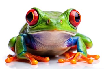 Obraz premium Big-eyed Costa Rican red-eyed tree frog, rainforest amphibian, captivating jungle creature, pristine white background.