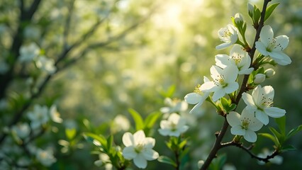 Lush Spring Garden, Silver Sunlight Filtering Through White Blossoms