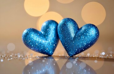 Fototapeta premium Two blue shiny hearts on a light brown background with bokeh