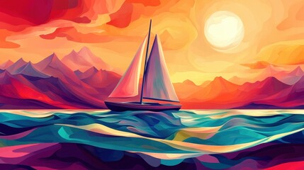 Naklejka premium Sailboat Sailing at Sunset Over Colorful Mountains