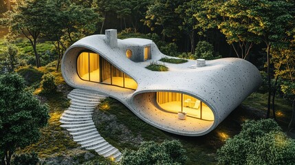 Modern Minimalist House with Smooth, Curved Concrete Walls and Large Windows, Built Using a 3D Printer