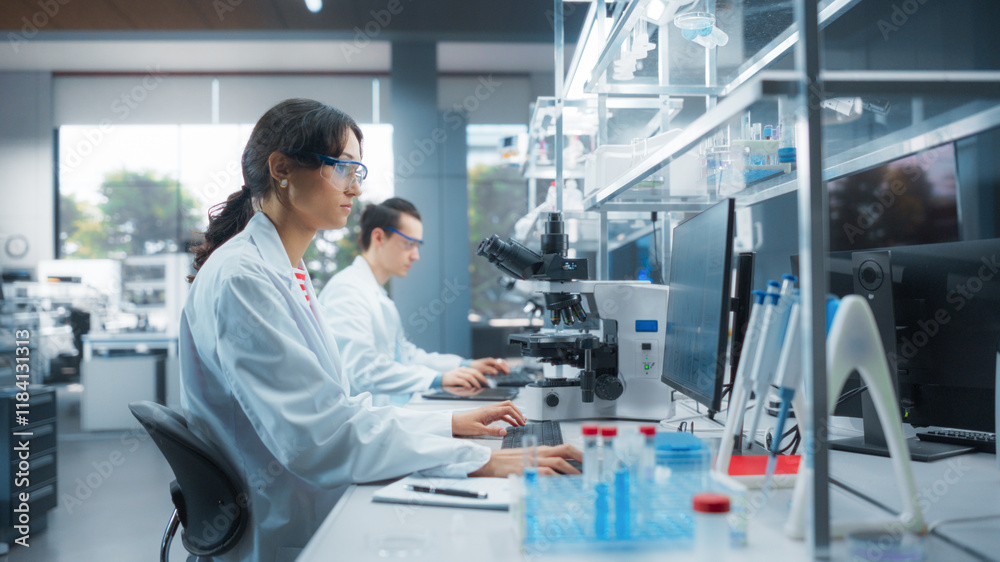 Poster pharmaceutical laboratory: young female scientist working with samples, using desktop computer. adva