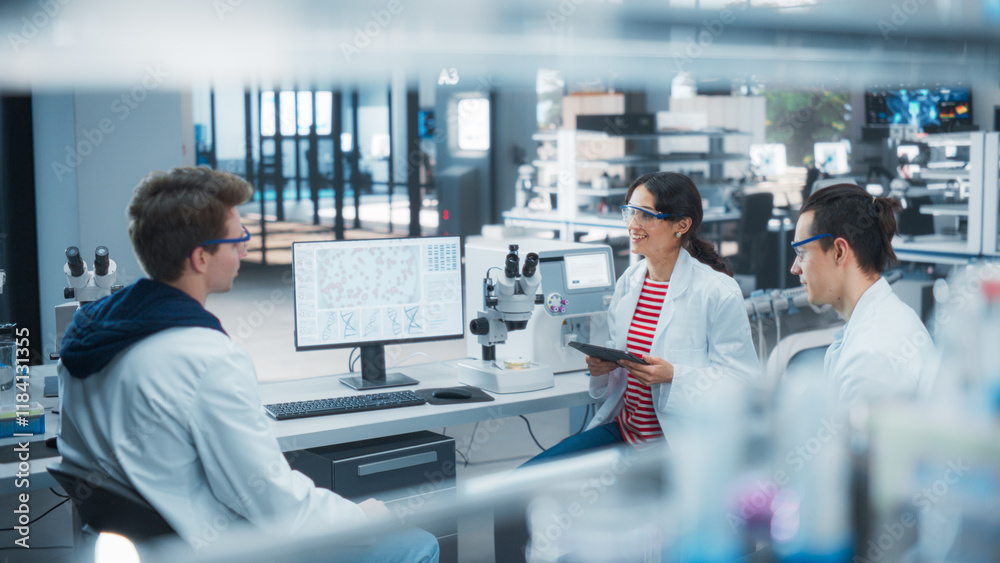 Poster female medical supervisor having a conversation with two young scientist about a gene editing resear