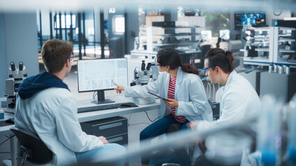 Modern Medical Laboratory: Scientists Working Together on a Research Project. Two Young Men and a...